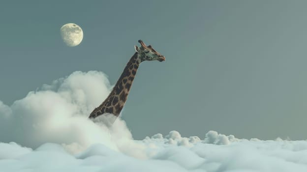 Giraffe standing in clouds with half moon background.