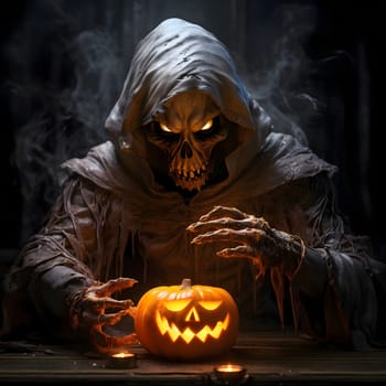 A dark skeleton in a fortune teller's cloak holding hands over a jack-o-lantern pumpkin, a Halloween image. Atmosphere of darkness and fear.
