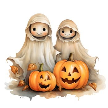Two smiling ghosts and two jack-o-lantern pumpkins and leaves, Halloween image on a white isolated background. Atmosphere of darkness and fear.