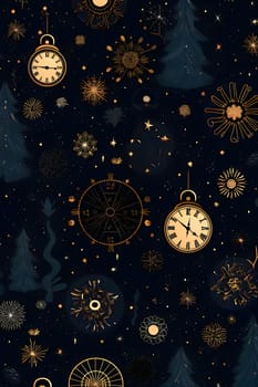 Elegant and modern. Clock faces and Christmas tree plants. as abstract background, wallpaper, banner, texture design with pattern - vector. Dark colors.