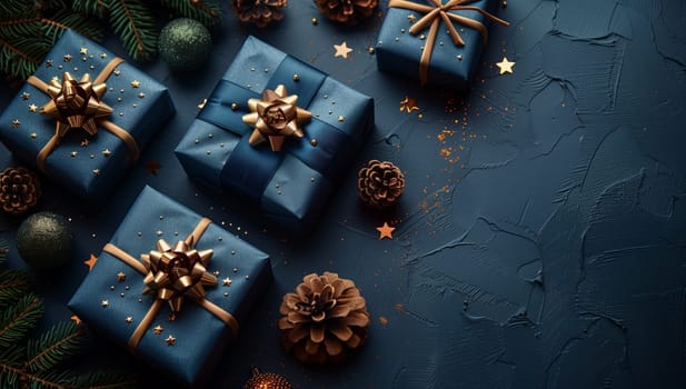 A cluster of electric blue Christmas gifts adorned with gold bows stand out against a dark blue backdrop, creating a festive and stylish display