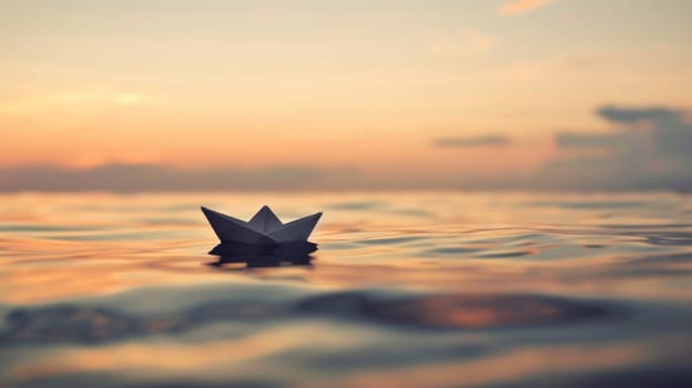 Paper boat floating on the vast tranquil sea.