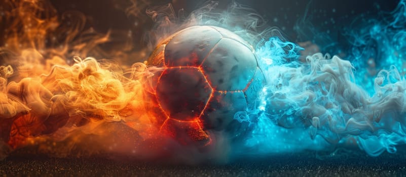 The soccer ball is engulfed in flames and smoke, creating a dramatic contrast against the electric blue sky. It looks like a work of art in the vast space
