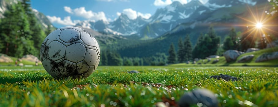 A soccer ball rests on the vibrant green grass of a lush field, surrounded by majestic mountains under a clear blue sky, creating a picturesque natural landscape
