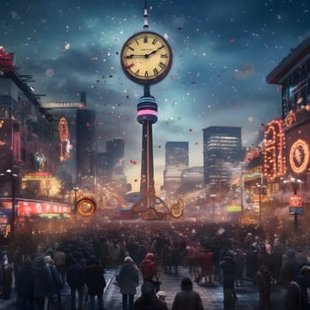 Winter illustration of a gathering of people and a tall clock in the middle measuring the time until the new year. New Year's celebrations. A time of celebration and resolutions.