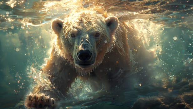 A carnivorous organism with fur, a snout, and adaptation for fluid environments, a polar bear is swimming underwater in the ocean, a natural landscape for this terrestrial animal