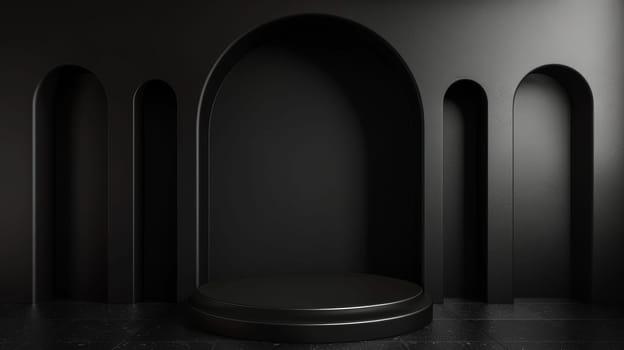 Black background with stand podium with luxury arch shape scene.