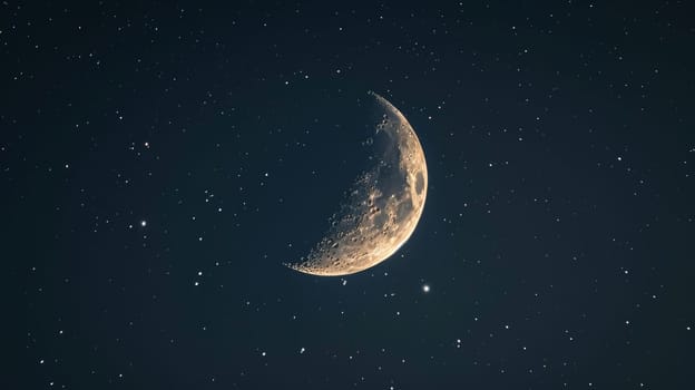 Half moon and stars in night sky.