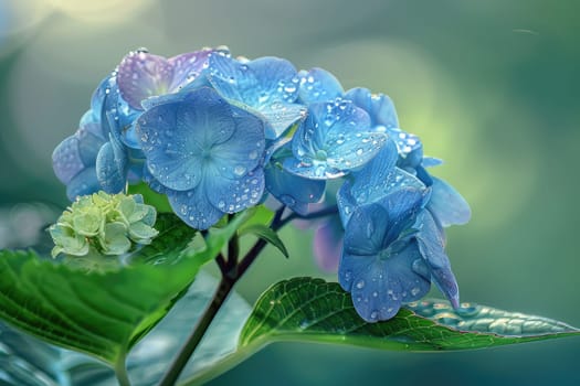 Close up view. Beautiful colors Hydrangea isolated with drops of water on the petals