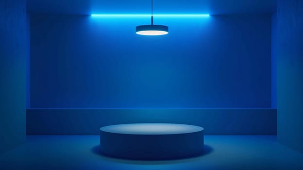 Blue room with round podium with hanging neon lamp.