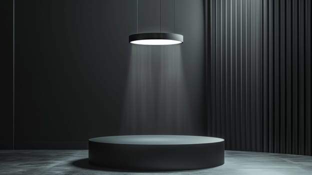 Round black podium with neon light.