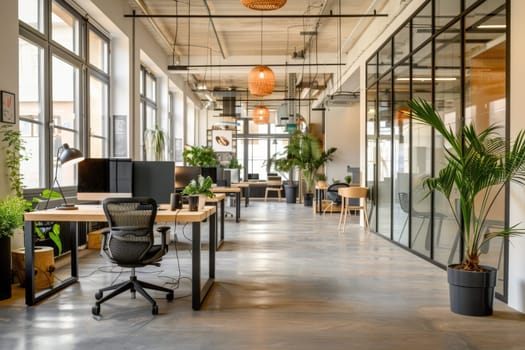 Minimalist coworking space with communal workstations