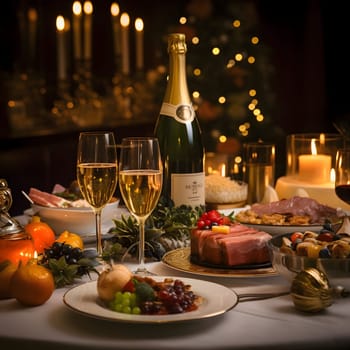 A richly set table, for a New Year's party: plates, glasses, champagne, candles, with a blurry bokeh effect in the background. New Year's celebrations. A time of celebration and resolutions.