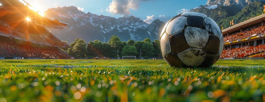 A soccer ball rests on the vibrant green grass of a field, overlooked by majestic mountains in the background. The natural landscape is serene and breathtaking