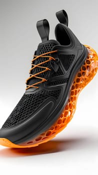 An athletic shoe with a black and orange pattern, orange sole, and electric blue accents sits on a white surface, making it a stylish fashion accessory for outdoor activities