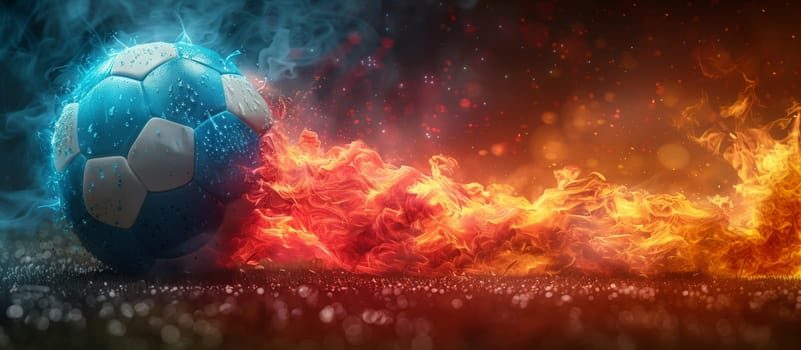 The soccer ball floats in a fiery nebula landscape, surrounded by flames. The sky is filled with cumulus clouds and the heat radiates from the gas clouds