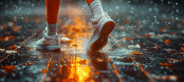A persons warm human leg sinks into the puddle of polluted water, sending smoke rising from the heat reacting with the asphalt beneath their foot