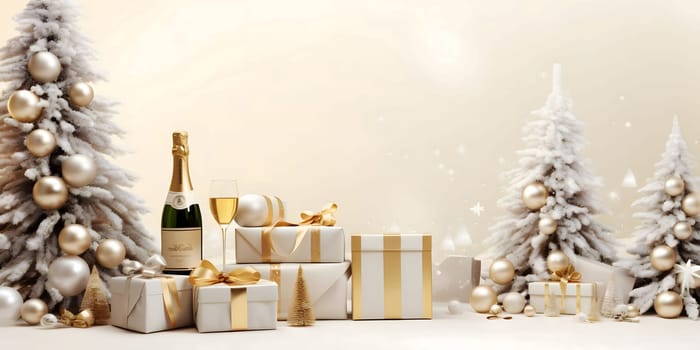 Christmas trees with gold baubles, gifts with gold bows, champagne bottle and glass. Bright background, banner with space for your own content. Blank space for the inscription.