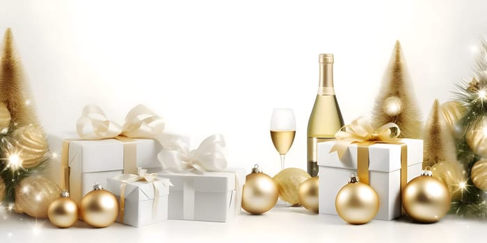 Christmas trees with gold baubles, gifts with gold bows, champagne bottle and glass. Bright background, banner with space for your own content. Blank space for the inscription.