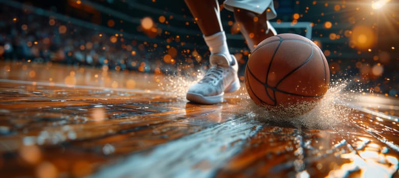 A child is having fun dribbling a basketball on a wet wooden court, turning it into an art form of recreation and leisure