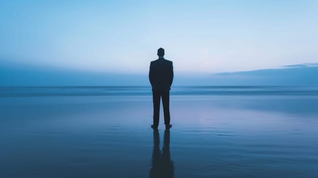 Man standing on beach, looking at ocean.