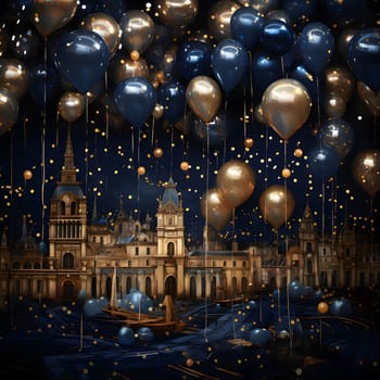Illustration of gold and blue balloons over old city buildings New Year's celebrations. A time of celebration and resolutions.