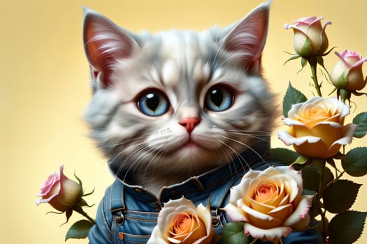 cute cat with a bouquet of roses .