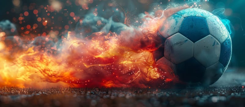 The soccer ball is engulfed in flames and smoke, creating a dramatic atmosphere against the backdrop of a fiery landscape