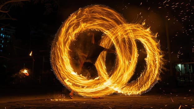 A fire dancer twirls gracefully, flames swirling around their body