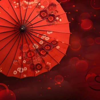 Red Chinese paper umbrella, top view. Around dark background.Christmas bright background, banner with space for your own content. Blank space for the inscription.