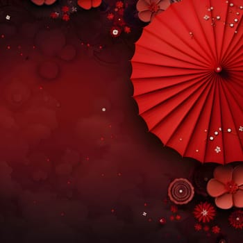 Red Chinese paper umbrella, top view. Around dark background.Christmas bright background, banner with space for your own content. Blank space for the inscription.