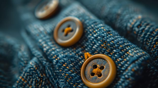 A detailed closeup shot of three electric blue buttons on a denim sweater, resembling insect snouts. The wool pattern creates an artistic terrestrial animal motif