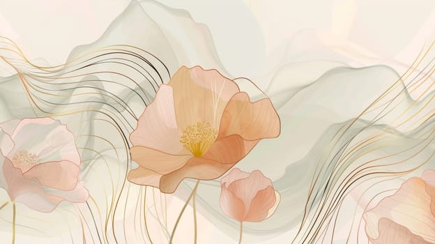 Abstract Pink Flowers with Golden Lines on Watercolor Background.