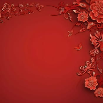 Red blank with space for your own content on the side of the decoration with red flowers lanterns Chinese background. A time of celebration and resolutions.