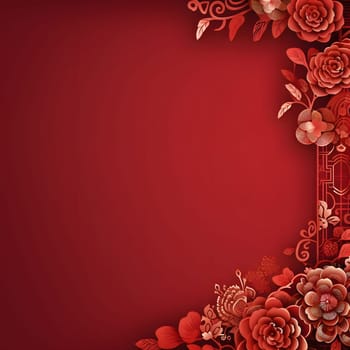 Red blank with space for your own content on the side of the decoration with red flowers lanterns Chinese background. A time of celebration and resolutions.