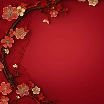 Red blank with space for your own content on the side of the decoration with red flowers lanterns Chinese background. A time of celebration and resolutions.