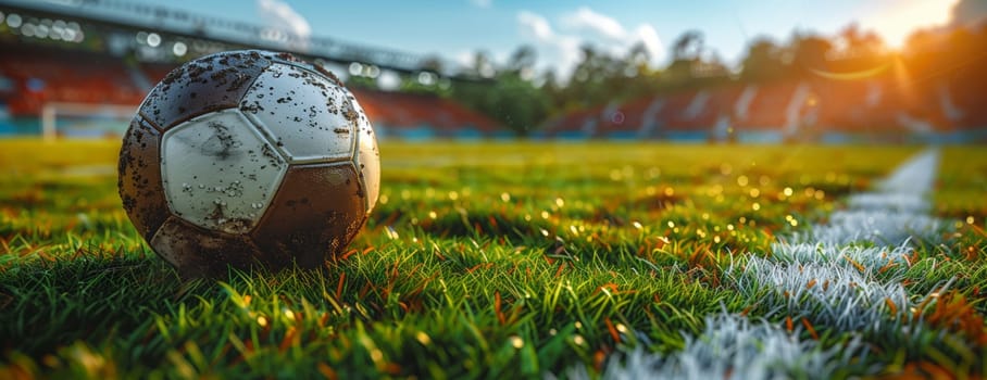 A football is resting on the lush green grass of a soccer field, surrounded by the vast grassland under the clear sky