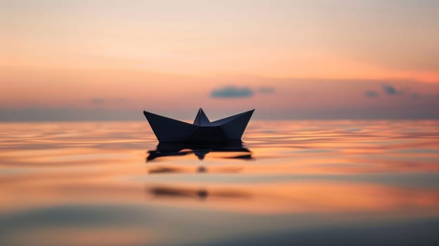 Paper boat floating on the vast tranquil sea.