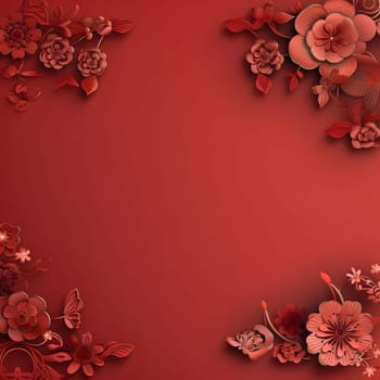 Red blank with space for your own content on the side of the decoration with red flowers lanterns Chinese background. A time of celebration and resolutions.