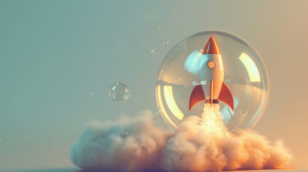 Red and white rocket flying through a bubble.