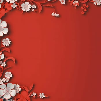 Red blank with space for your own content on the side of the decoration with red flowers lanterns Chinese background. A time of celebration and resolutions.