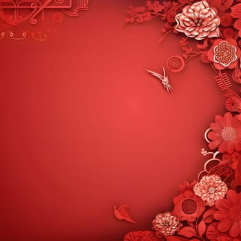 Red blank with space for your own content on the side of the decoration with red flowers lanterns Chinese background. A time of celebration and resolutions.