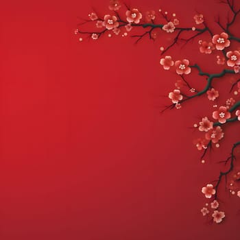 Red blank with space for your own content on the side of the decoration with red flowers lanterns Chinese background. A time of celebration and resolutions.