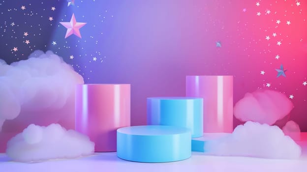 Blue and pink round podium with stars and clouds.