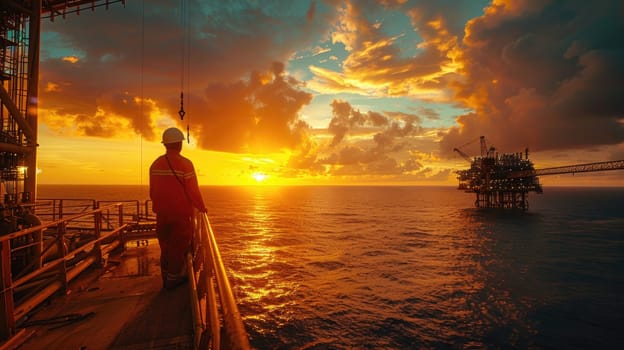 A silhouette of Engineer against a vibrant orange sunset, perched high a top-half oil rig