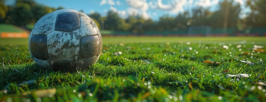 A soccer ball rests on a vibrant green meadow, surrounded by lush natural landscape. The sports equipment contrasts beautifully with the grassy terrain