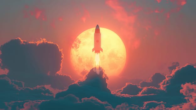 Rocket Silhouette Against Full Moon at Twilight.