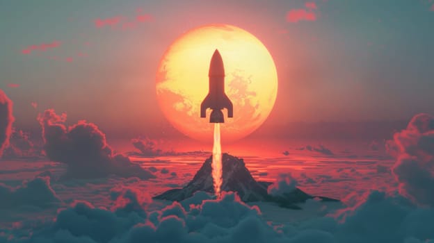 Rocket Silhouette Against Full Moon at Twilight.