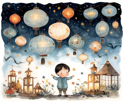 Illustration of cheerful, boy, lanterns and Chinese lanterns in the sky. New Year's celebrations. A time of celebration and resolutions.