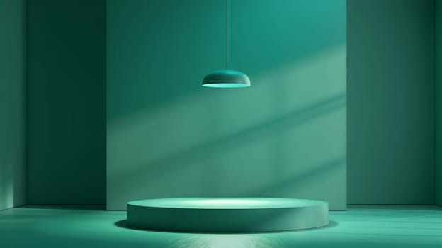 Green room with round light on round podium.